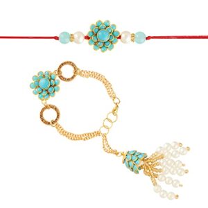 rakhi for brother and bhabhi traditional flower lumba designer fancy bracelet on rakshabandhan traditional rklm28 (flower, light blue)