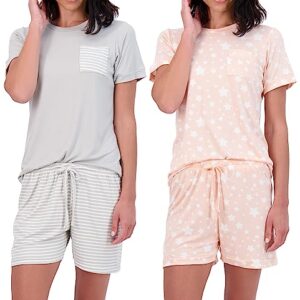 2 Pack: Womens Short Sleeve Tops Striped Pajama Sets Shorts Ladies Summer Soft 2 Piece Matching Cute Comfy Sleepwear Pajamas Adult Loungewear Bottoms lounge Pijamas de Mujer Pj Women - Set 1, Large