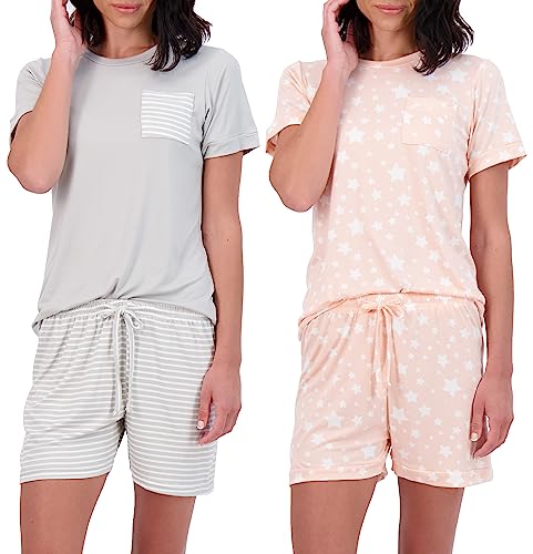 2 Pack: Womens Short Sleeve Tops Striped Pajama Sets Shorts Ladies Summer Soft 2 Piece Matching Cute Comfy Sleepwear Pajamas Adult Loungewear Bottoms lounge Pijamas de Mujer Pj Women - Set 1, Large