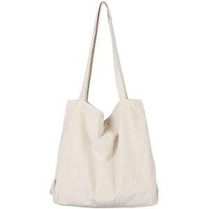 etercycle women corduroy tote bag, casual handbags big capacity shopping shoulder bag with pocket (cream)