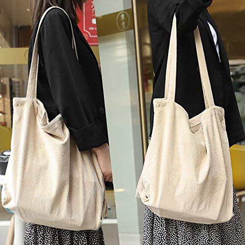 Etercycle Women Corduroy Tote Bag, Casual Handbags Big Capacity Shopping Shoulder Bag with Pocket (Cream)