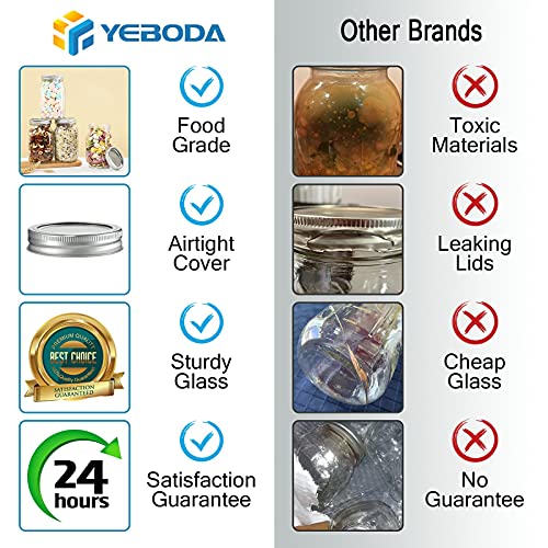 YEBODA 6 Pack Wide Mouth Mason Jars 32oz Glass Canning Jars with Airtight Lids and Bands for Preserving, Jam, Honey, Jelly, Wedding Favors, Sauces, Meal Prep, Overnight Oats, Salad, Yogurt