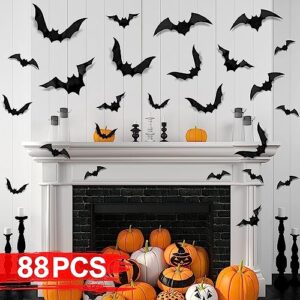 FilmHoo 88 Pcs 4 Sizes Halloween Decorations PVC 3D, Scary Bats Wall Stickers Set DIY Bat Clings for Halloween Party Home Decor Indoor Outdoor (Black)