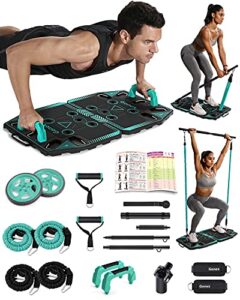 gonex portable home gym workout equipment with 14 exercise accessories ab roller wheel,elastic resistance bands,push-up stand,post landmine sleeve and more for full body workouts system,green