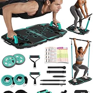 Gonex Portable Home Gym Workout Equipment with 14 Exercise Accessories Ab Roller Wheel,Elastic Resistance Bands,Push-up Stand,Post Landmine Sleeve and More for Full Body Workouts System,Green