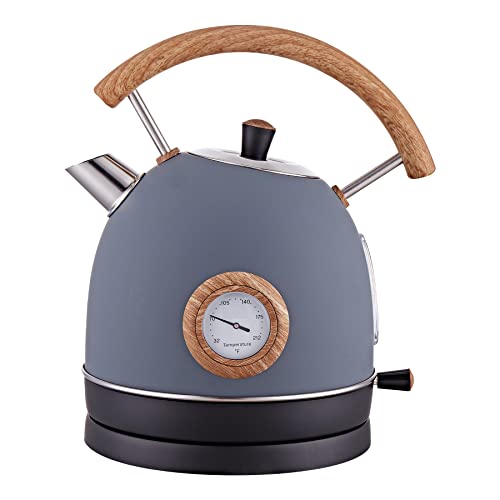 Electric Kettle, Talafa 1.7L / 1500W Retro Electric Tea Kettles for Boiling Water, Stainless Steel Hot Water Boiler with Thermometer, Auto Shut-off & Boil-Dry Protection, Anti-scald Wood Handle
