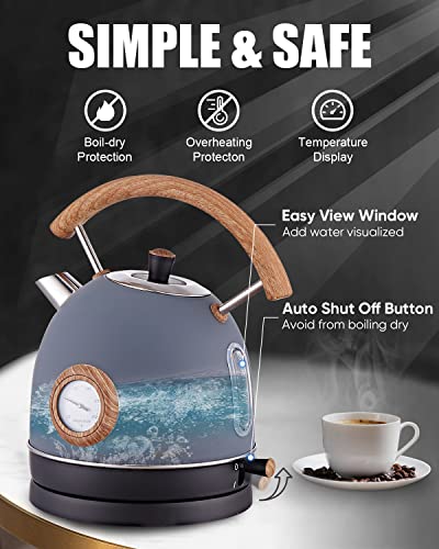 Electric Kettle, Talafa 1.7L / 1500W Retro Electric Tea Kettles for Boiling Water, Stainless Steel Hot Water Boiler with Thermometer, Auto Shut-off & Boil-Dry Protection, Anti-scald Wood Handle