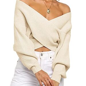 BTFBM Women Casual V Neck Long Sleeve Sweaters Cross Wrap Front Off Shoulder Asymmetric Hem Knitted Crop Solid Pullover(Solid Apricot, Small)