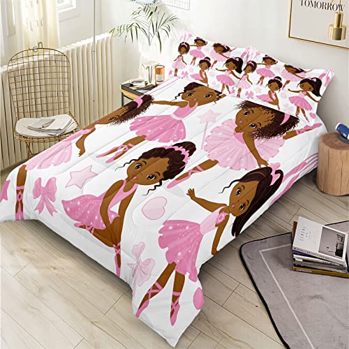 SIRDO Twin Bedding Sets for Girls, African American Magic Comforter Set with Ballet Dancer, Pink Bed Set for Toddler Kids Teens, Little Girls Bedroom Decor