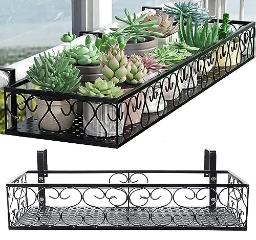 QUMENEY Metal Railing Planter with Hooks, Iron Hanging Planter Basket, Balcony Plant Holder Fence Hanging Bucket Pot Flower Holder for Outdoor Garden Porch Patio (Black, 23.6 x 7.8 x 4.7 Inch)