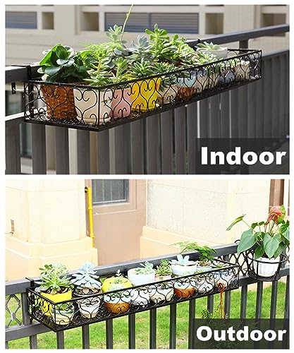 QUMENEY Metal Railing Planter with Hooks, Iron Hanging Planter Basket, Balcony Plant Holder Fence Hanging Bucket Pot Flower Holder for Outdoor Garden Porch Patio (Black, 23.6 x 7.8 x 4.7 Inch)