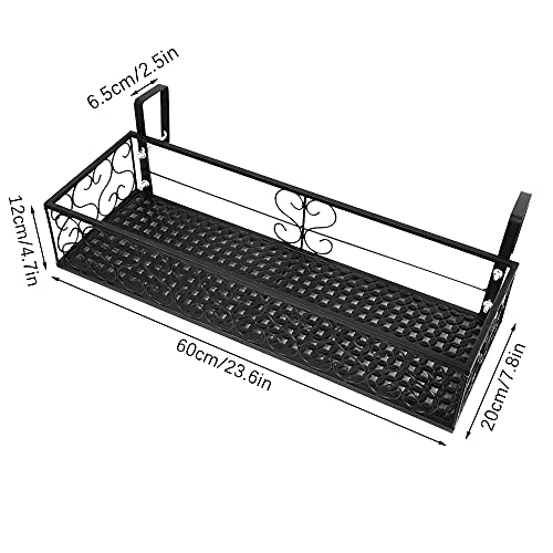 QUMENEY Metal Railing Planter with Hooks, Iron Hanging Planter Basket, Balcony Plant Holder Fence Hanging Bucket Pot Flower Holder for Outdoor Garden Porch Patio (Black, 23.6 x 7.8 x 4.7 Inch)