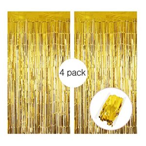pca 4 pack gold fringe tinsel curtain party backdrop, royal theme party decor streamers, door decorations, glitter streamer backdrop for halloween, birthday