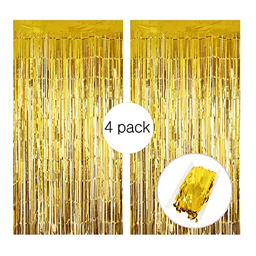 PCA 4 Pack Gold Fringe Tinsel Curtain Party Backdrop, Royal Theme Party Decor Streamers, Door Decorations, Glitter Streamer Backdrop for Halloween, Birthday