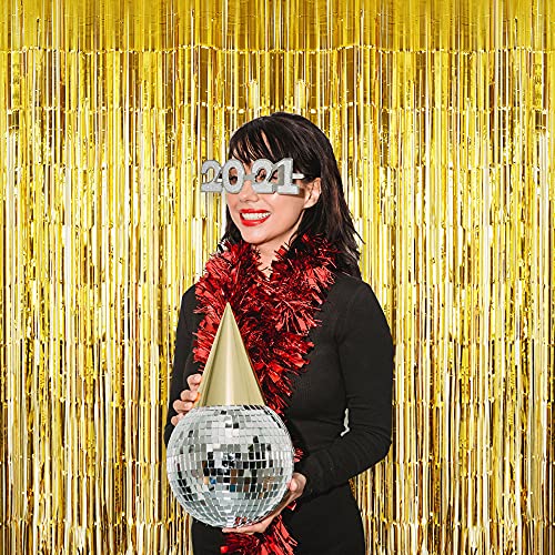 PCA 4 Pack Gold Fringe Tinsel Curtain Party Backdrop, Royal Theme Party Decor Streamers, Door Decorations, Glitter Streamer Backdrop for Halloween, Birthday