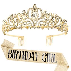 aprince birthday crown & birthday girl sash set, rhinestone tiaras and crowns for women girls gold tiara birthday gold sash princess tiaras queen crowns for birthday prom photoshoot
