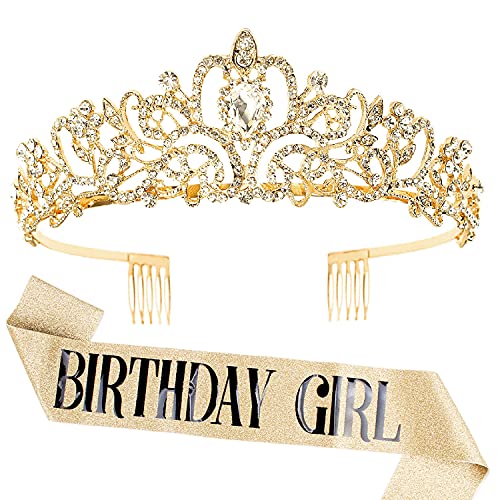 Aprince Birthday Crown & Birthday Girl Sash Set, Rhinestone Tiaras and Crowns for Women Girls Gold Tiara Birthday Gold Sash Princess Tiaras Queen Crowns for Birthday Prom Photoshoot