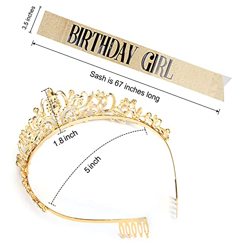 Aprince Birthday Crown & Birthday Girl Sash Set, Rhinestone Tiaras and Crowns for Women Girls Gold Tiara Birthday Gold Sash Princess Tiaras Queen Crowns for Birthday Prom Photoshoot