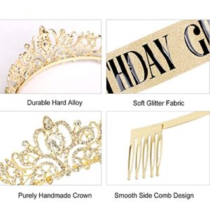 Aprince Birthday Crown & Birthday Girl Sash Set, Rhinestone Tiaras and Crowns for Women Girls Gold Tiara Birthday Gold Sash Princess Tiaras Queen Crowns for Birthday Prom Photoshoot