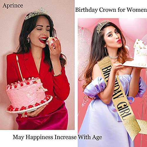 Aprince Birthday Crown & Birthday Girl Sash Set, Rhinestone Tiaras and Crowns for Women Girls Gold Tiara Birthday Gold Sash Princess Tiaras Queen Crowns for Birthday Prom Photoshoot