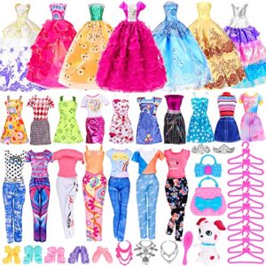 39 pcs doll clothes and accessories including 3 wedding gown dresses, 5 mini dress, 3 fashion doll clothes, 3 blouses pants, 1 dog & 24 accessories for 11.5 inch fashion girl doll