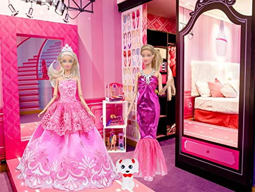 39 PCS Doll Clothes and Accessories Including 3 Wedding Gown Dresses, 5 Mini Dress, 3 Fashion Doll Clothes, 3 Blouses Pants, 1 Dog & 24 Accessories for 11.5 inch Fashion Girl Doll