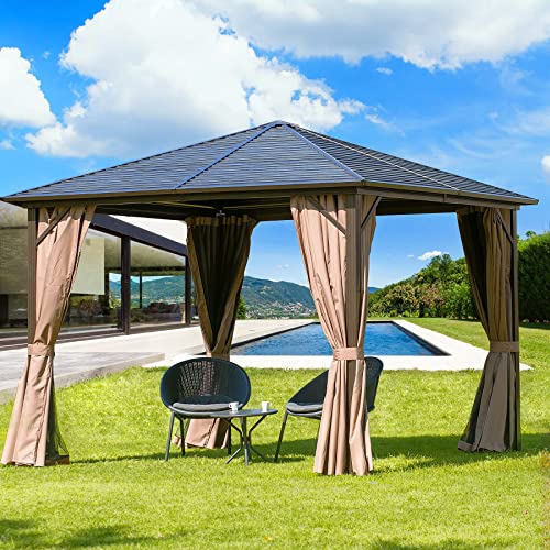 10x10 Ft Outdoor Hardtop Gazebo - Galvanized Steel roof with Curtains and Netting,Outdoor Gazebo with Aluminum Frame by domi outdoor living