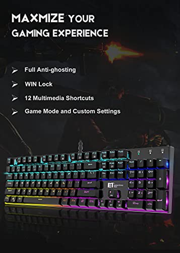 MIQ Mechanical Gaming Keyboard,Wired 104 Keys RGB Keyboard with Blue Switch, Programmable RGB Backlit for Windows Gaming PC