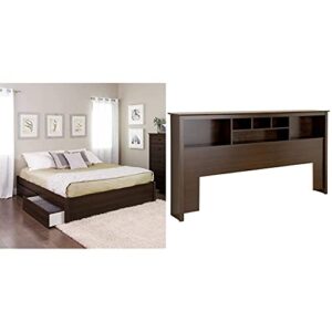 prepac select king 4 post platform bed with 4 drawers, 83" l x 79" w x 16" h, espresso & king bookcase headboard, espresso