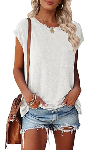 MEROKEETY Women's Casual Cap Sleeve T Shirts Basic Summer Tops Loose Solid Color Blouse White