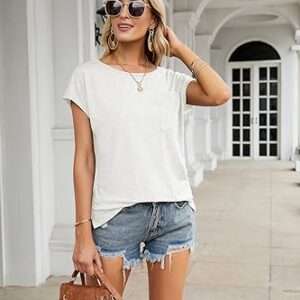 MEROKEETY Women's Casual Cap Sleeve T Shirts Basic Summer Tops Loose Solid Color Blouse White