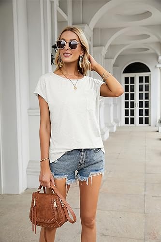 MEROKEETY Women's Casual Cap Sleeve T Shirts Basic Summer Tops Loose Solid Color Blouse White