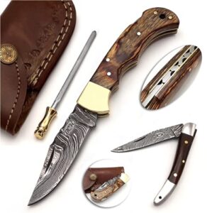 bck pocket knife 4 pcs set 6.5" handmade damascus folding knife back lock knife damascus hunting knife with sheath damascus pocket knife for men 100% prime quality camping knife (brown wood)