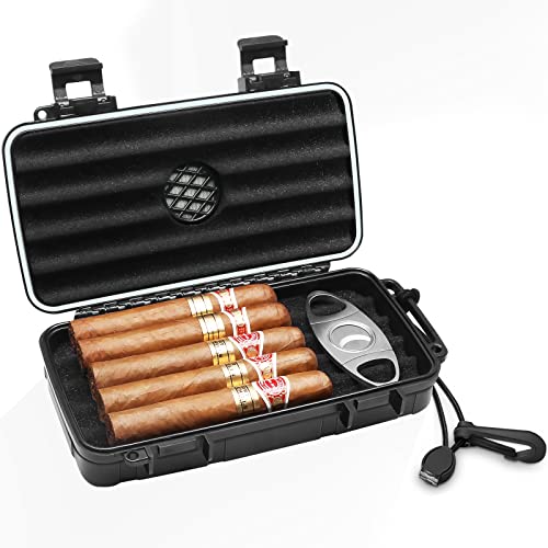 Flauno Travel Cigar Humidor Case - Portable Cigar Box with Humidifier Disc & Cigar Cutter | Waterproof | Crushproof | Airtight | Durable (Holds up to 5 Cigars)