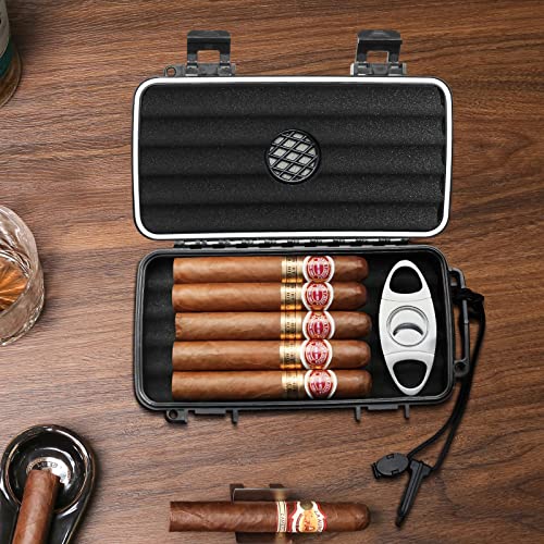 Flauno Travel Cigar Humidor Case - Portable Cigar Box with Humidifier Disc & Cigar Cutter | Waterproof | Crushproof | Airtight | Durable (Holds up to 5 Cigars)