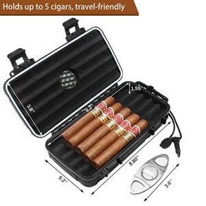 Flauno Travel Cigar Humidor Case - Portable Cigar Box with Humidifier Disc & Cigar Cutter | Waterproof | Crushproof | Airtight | Durable (Holds up to 5 Cigars)