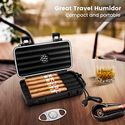 Flauno Travel Cigar Humidor Case - Portable Cigar Box with Humidifier Disc & Cigar Cutter | Waterproof | Crushproof | Airtight | Durable (Holds up to 5 Cigars)