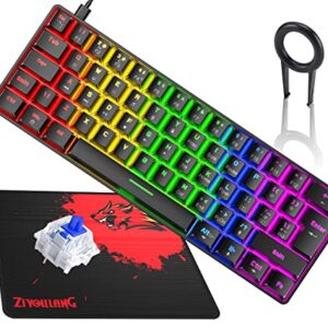 60% True Mechanical Gaming Keyboard Ultra-compact with 20 Rainbow Backlit Type C Wired Programmable 62 Keys Tactile Blue Switch Waterproof Non-Conflict and Gaming Mouse Pad  for PC/Laptop/PS5（Black)