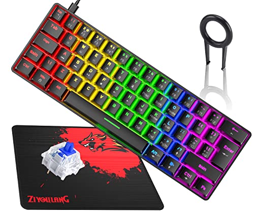 60% True Mechanical Gaming Keyboard Ultra-compact with 20 Rainbow Backlit Type C Wired Programmable 62 Keys Tactile Blue Switch Waterproof Non-Conflict and Gaming Mouse Pad  for PC/Laptop/PS5（Black)