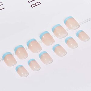 RikView Press on French Tip Nails Oval Tips Glossy Fake/ False Nails with Design Full Cover Acrylic Nails (Blue)