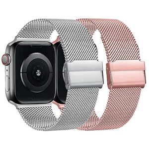 2pack magnetic band compatible with apple watch 38/40/41/42/44/45mm,steel mesh strap loop replacement for iwatch se iwatch series 8/7/6/5/4/3/2/1 women men(sliver+champagne gold,38mm 40mm)