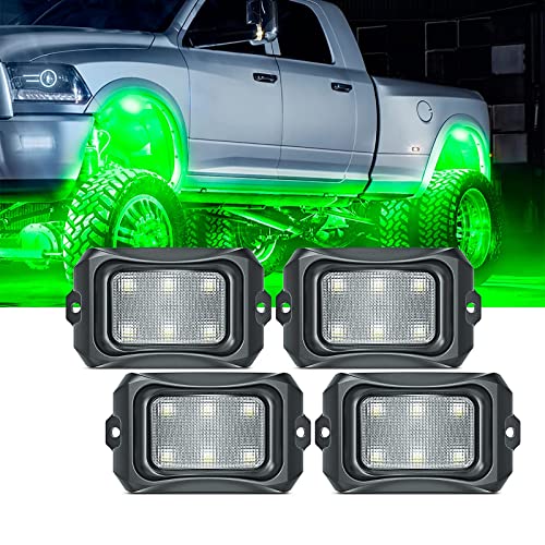 MICTUNING C2 Curved Green LED Rock Lights - 4 Pods Underglow Lights Compatible for Car Truck Offroad ATV UTV Boat