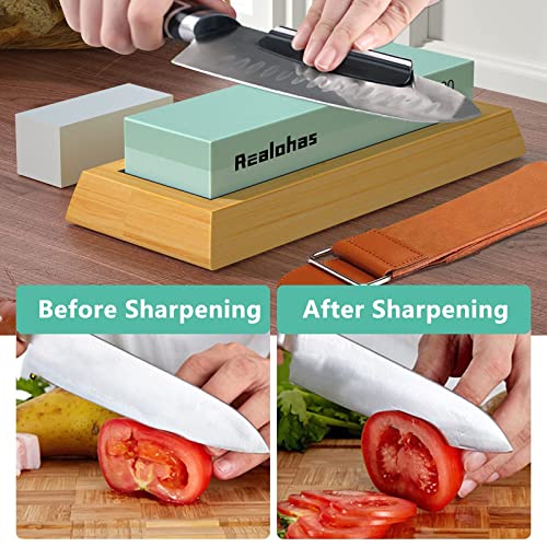 Whetstone Knife Sharpening Stone Kit - Professional Knife Sharpener Stone Set, Realohas Premium 4 Side Grit 400/1000 3000/8000 Wet Stone Sharpening Kit with Anti Cut Gloves, Leather Strop, Angle Guide