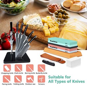 Whetstone Knife Sharpening Stone Kit - Professional Knife Sharpener Stone Set, Realohas Premium 4 Side Grit 400/1000 3000/8000 Wet Stone Sharpening Kit with Anti Cut Gloves, Leather Strop, Angle Guide