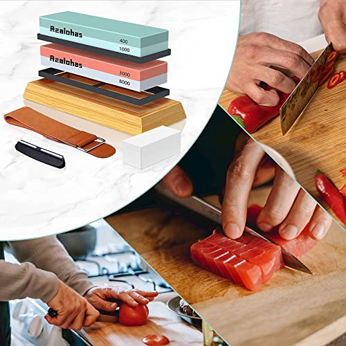 Whetstone Knife Sharpening Stone Kit - Professional Knife Sharpener Stone Set, Realohas Premium 4 Side Grit 400/1000 3000/8000 Wet Stone Sharpening Kit with Anti Cut Gloves, Leather Strop, Angle Guide