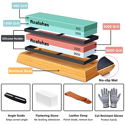 Whetstone Knife Sharpening Stone Kit - Professional Knife Sharpener Stone Set, Realohas Premium 4 Side Grit 400/1000 3000/8000 Wet Stone Sharpening Kit with Anti Cut Gloves, Leather Strop, Angle Guide