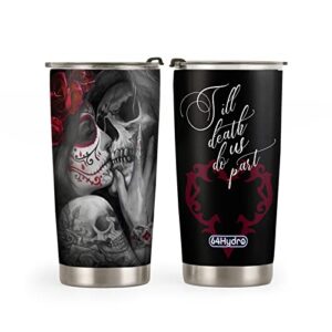64hydro 20oz couples gifts for husband and wife, cool gifts for couple, valentines day gifts for him, her, goth gifts gothic gifts tattoo skull couple tumbler cup, insulated travel coffee mug with lid