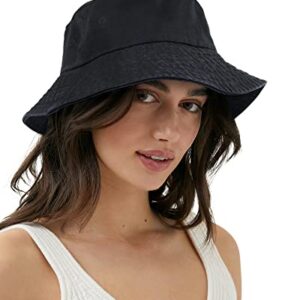 Camptrace Bucket Hat for Women Men Canvas Washed Cotton Trendy Distressed Womens Summer Beach Sun Hats with Detachable String (Black, Large)