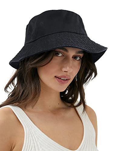 Camptrace Bucket Hat for Women Men Canvas Washed Cotton Trendy Distressed Womens Summer Beach Sun Hats with Detachable String (Black, Large)