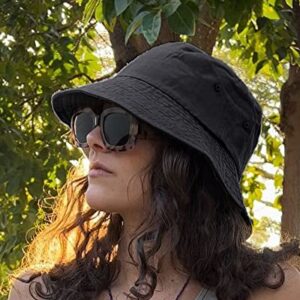 Camptrace Bucket Hat for Women Men Canvas Washed Cotton Trendy Distressed Womens Summer Beach Sun Hats with Detachable String (Black, Large)